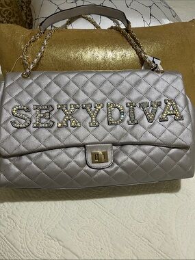 Quilted Shoulder Bag in Metallic Silver with Embellished 'SEXY DIVA' Detail